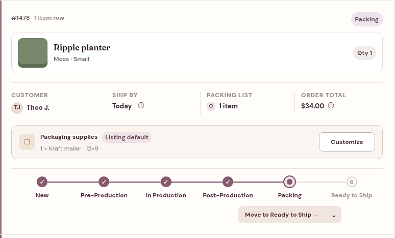 Meldsy order management screen showing an Etsy order moving through production to packing