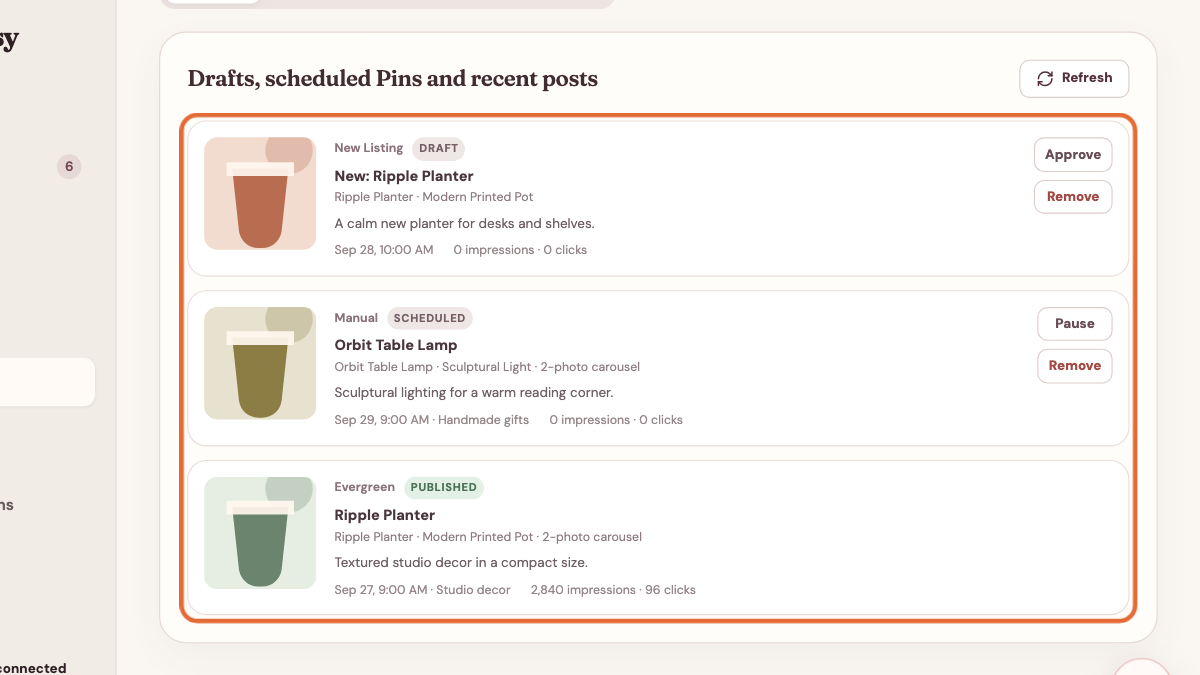 Meldsy Marketing calendar showing a draft Pin awaiting approval, a scheduled Pin, and a published Pin